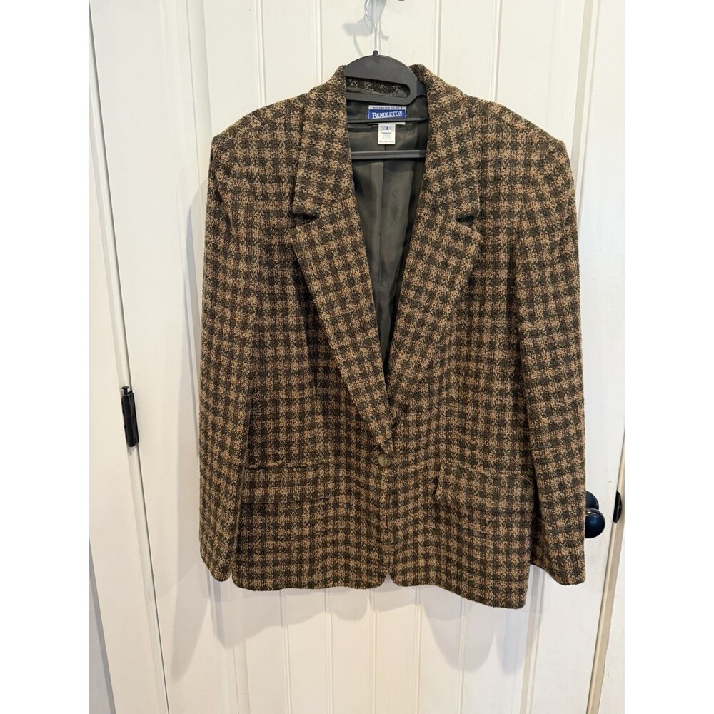 Pendleton Womens 18 Wool Blend Blazer Brown Tan Plaid Jacket Classic Career